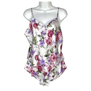Vintage Cacique Floral Satin Camisole & Flutter Shorts Lingerie Set Womens M
